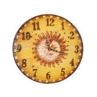 Handmade Pyrography Wall Clock With Sun and Moon Design 