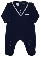 A soft blue babygrow with a simple and delicate white handmade embroidery around the collar.