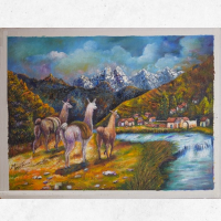Oil Painting Llamas of the Andes - Handmade