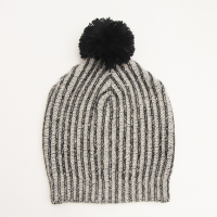 Winter Hat with Black Pompom and Black and White Stripes